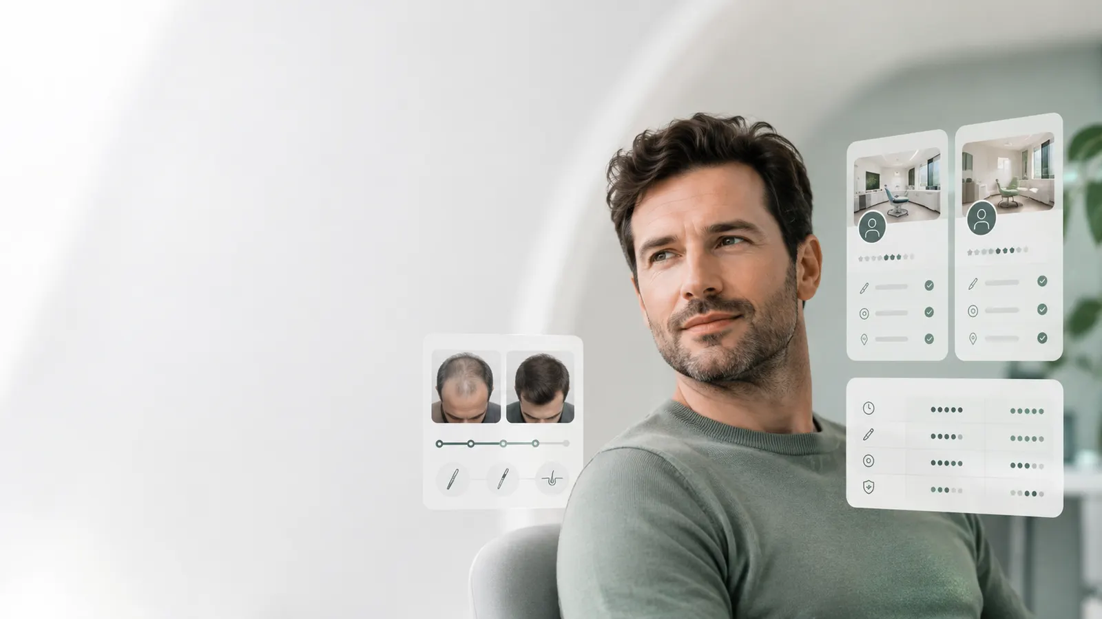 Mann vor schwebenden Klinik-Vergleichskarten, Symbolbild für den haarwahl-Vergleich